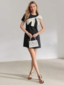 MOTF PREMIUM CONTRAST BOW DETAIL SLIM FIT SHORT DRESS - Black - View 6