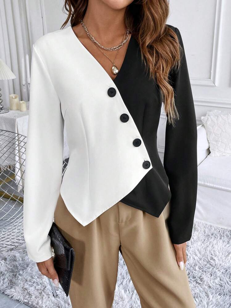 SHEIN LUNE Women's Fashionable Black And White Color Block Shirt - Black and White - View 1