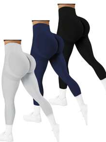 Easithlete 3 件套女士无缝高弹力运动紧身裤，纯色，休闲瑜伽裤 - 彩色 - 查看 2