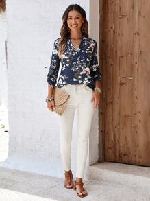 EMERY ROSE 女士假期花卉印花有開口的V領卷邊寬鬆上衣 - 藍色 - 查看 5