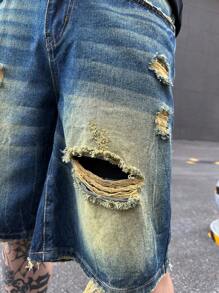 Manfinity Roghcode Men's Loose Fit Black/Dark Washed Blue Vintage Style Shorts - Dark Wash - View 6