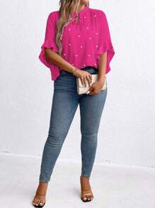 大尺碼女士夏季優雅系帶領口荷葉邊袖襯衫 - 玫紅色 - 查看 3