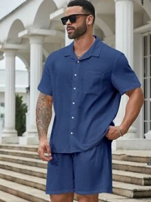 Manfinity Homme 男裝大尺寸純色簡約短袖上衣和短褲套裝，適用於日常穿著 - 藏蓝色 - 查看 3