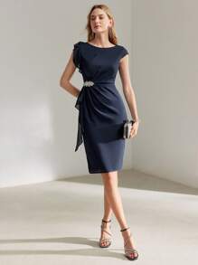 MOTF PREMIUM SOLID COLOR OPEN SHOULDER BODYCON DRESS IS DESIGNED WITH FASHIONABLE AND STYLE FOR TWEEN GIRLS. UNIQUE OPEN SHOULDER STRAP DESIGN HIGHLIGHTS THE ELEGANT CHARM OF TWEEN GIRLS. - Navy Blue - View 9
