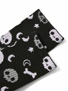 XMorfina Artist Dark Halloween Skeleton Pattern Jacquard Mid-Calf Socks, Holiday