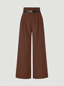 SHEIN Unity Plus Size Women's Plain Simple Everyday Trousers - Coffee Brown - View 1