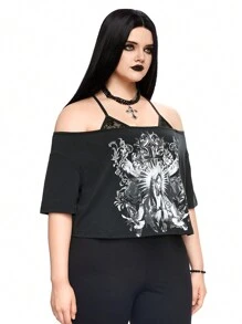 ROMWE Grunge Punk Plus Size Gothic 2 In 1 Virgin Mary Printed Short Sleeve T-Shirt, School - Black - View 4