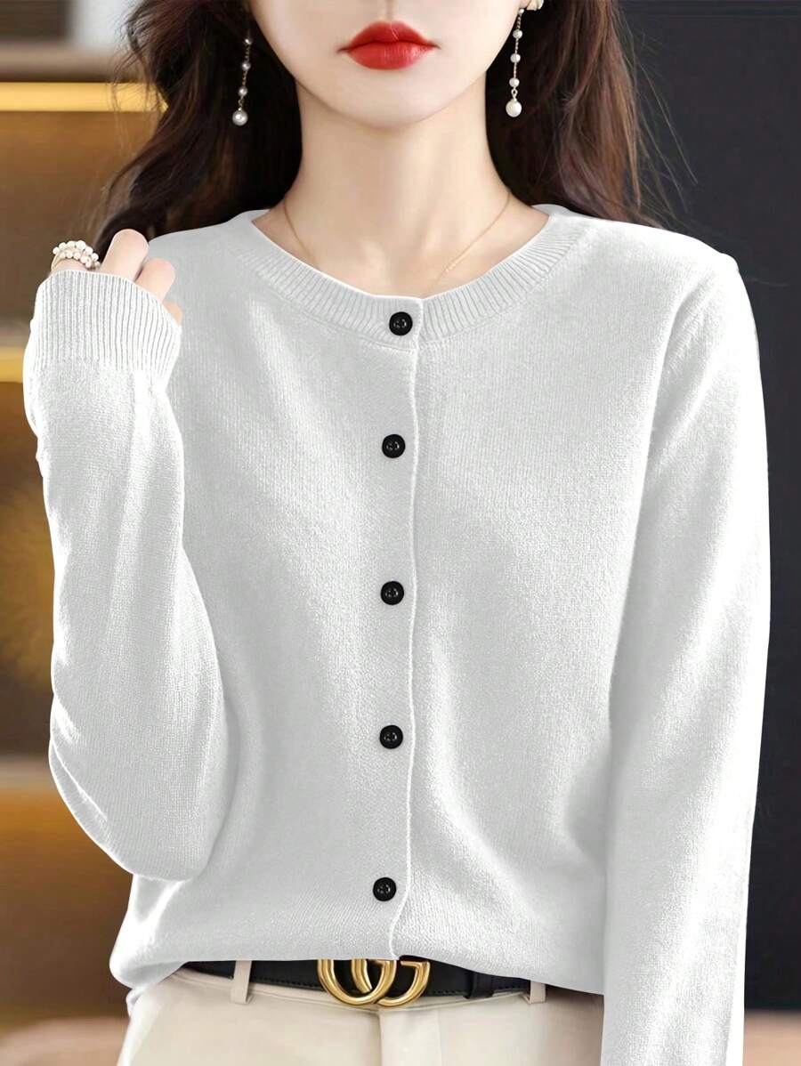 EMERY ROSE Áo cardigan dài tay màu trơn thường ngày rộng rãi dành cho nữ cho mùa thu đông - trắng - Xem 1