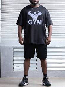 Gym Rark Conjunto de activewear de talla grande con camiseta de gimnasio de cuello redondo y manga corta con estampado de letras, y pantalones cortos casuales sueltos. Conjunto de ropa de entrenamiento para uso diario. - Negro - Ver 4