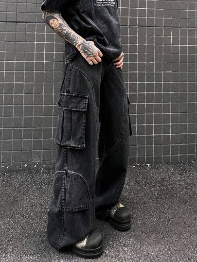 GALLERY FADE Y2K 复古街头风格男士深色牛仔工装宽松牛仔裤，多口袋，外出休闲通勤街头，emo 风格