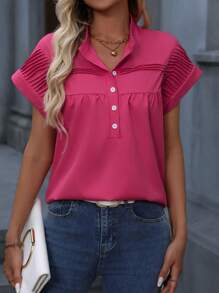 SHEIN LUNE Summer Casual Solid Color Pintucked Batwing Sleeve Shirt - Hot Pink - View 1