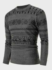 RueChic Men Geometrical Knit Regular Sweater - Dark Grey - View 1