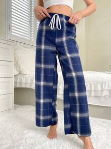 格紋印花束口腰休閒褲 - 藍色 - 查看 3