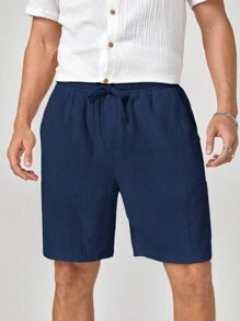 Manfinity Homme Nuevo pantalón corto deportivo recto de cintura media con cintura elástica tejido para hombre, adecuado para uso diario en primavera y verano - Azul Marino - Ver 3