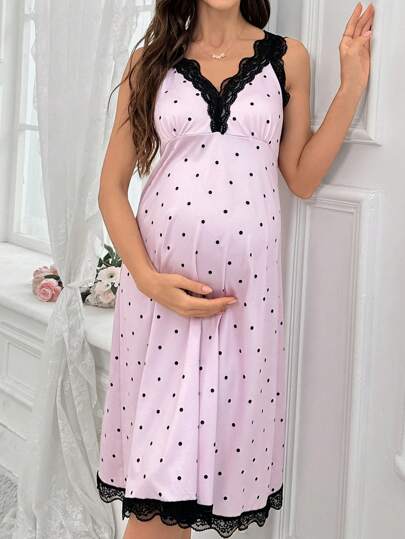 Moonlight&Mama 孕妇彩色蕾丝波尔卡圆点印花 V 领吊带睡衣睡裙