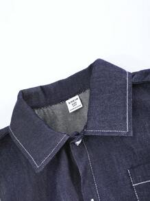 SHEIN 男童牛仔與條紋拼接鈕扣衫和編織胸口短袖短褲套裝，適用於休閒和居家穿著 - 藍色 - 查看 3