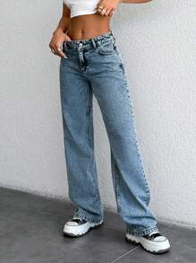 SHEIN Cottnline Low Waist Snow Wash Wide Leg Jeans - Medium Wash - View 7