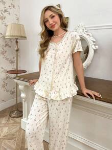 對比色花朵蕾絲鑲嵌玫瑰印花泡泡紗短袖上衣和褲裝睡衣套組 - 杏色 - 查看 1