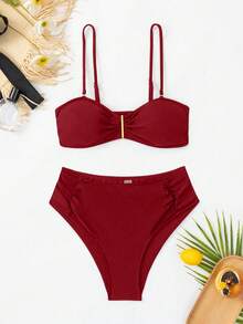 SHEIN Swim Women's Solid Color Ruffle Sexy Bikini Set, Summer Beach Swimwear, Red Bathing Suit - Burgundy - View 6