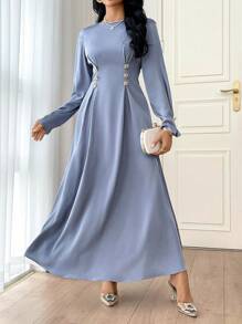 Modelyn 女士简约日常长袖阿拉伯连衣裙，带舞会装饰，派对优雅晚装长袖长裙，婚礼/场合礼服 - 藍色 - 查看 6