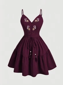 SHEIN MOOSTA Plus Size Summer Floral Embroidery Spaghetti Strap Dress - Purple - View 1