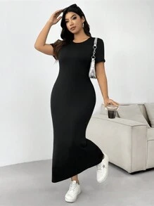 SHEIN EZwear 大尺碼女款夏季純色圓領短袖不對稱下擺長款休閒連衣裙 - 黑色 - 查看 6