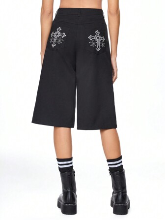 Goth Vintage Cross Embroidery Hot Drilling Wide Leg A-Line Mid-Length Pants For College Women
