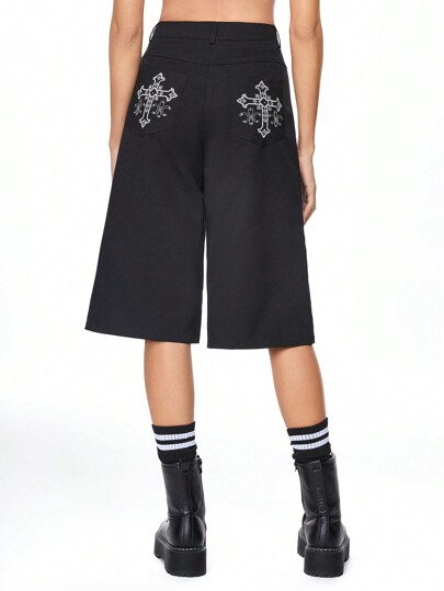 Goth Vintage Cross Embroidery Hot Drilling Wide Leg A-Line Mid-Length Pants For College Women
