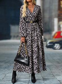 SHEIN Clasi Women's Casual Leopard Printed High Waist Slit Dress, Spring/Fall Maxi Women Outfit