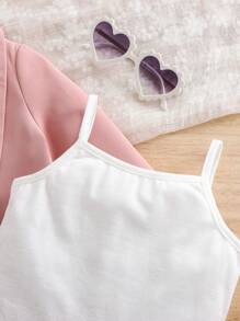 SHEIN Baby Girl Fashionable Cute Simple Color Suit Jacket & Pleated Skirt Suspender Vest Set - Pink - View 7