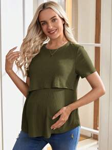 SHEIN Solid Color Simple Round Neck Short Sleeve Nursing Top For Daily Wear For Maternity - Army Green - View 4