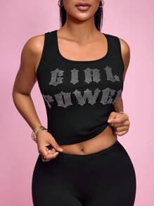 SHEIN Sport Studio Top de tanque feminino com decote redondo e sem mangas, bordado de strass com alfabeto para treino diário