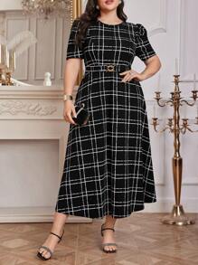 Modelyn Women Belted Black And White Grid Plus Size Dress Long Dress, For Summer