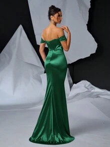 Glamrae Elegant, Gorgeous And Sexy Off-Shoulder Dress With Shiny Satin Decoration Cup, Boning And Fishtail Ruched Slit Dress For Formal Occasions And Evening Parties Prom, Wedding Guest Gown, For Graduation, Dinner Party Dress - Dark Green - View 2