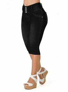 High Waist Butt Lifting Stretch Capri Jeans For Women - 3 Button Skinny Fit Push Up Denim Pants Summer Casual Sculpting Look - màu đen - Xem 3