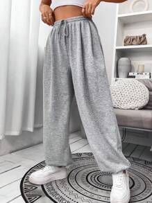 SHEIN Unity 素色腰部抽繩斜口袋衛褲 - 淺灰色 - 查看 4