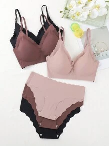 Conjunto de ropa interior de 6 piezas para mujer, cómodo y sin costuras con ribete festoneado, unicolor - Multicolor - Ver 4