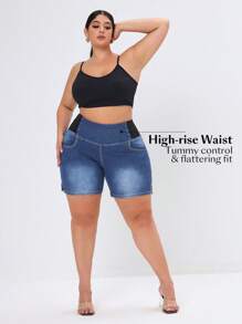 Flexra Quần short denim bó sát cỡ lớn dành cho nữ có túi - Rửa trung bình - Xem 3