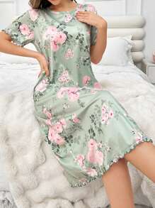 Floral Printed Round Neck Long Sleep Dress Perfect Summer, Moo Moo - Multicolor - View 1