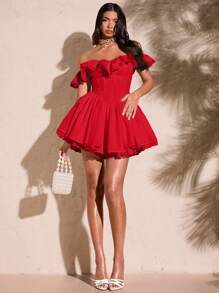 SHEIN BAE 女性款夏季白色性感愛心領花瓣袖純色荷葉邊以及圓弧下擺的鐘擺短裙洋裝 - 紅色 - 查看 7