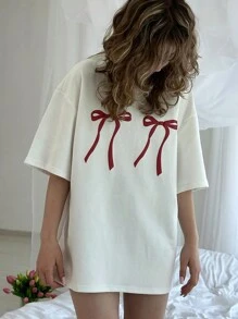 INAWLY Camiseta holgada y casual de verano para mujer, con estampado de lazo, cuello redondo y mangas de hombro caído, blusas gráficas para mujer