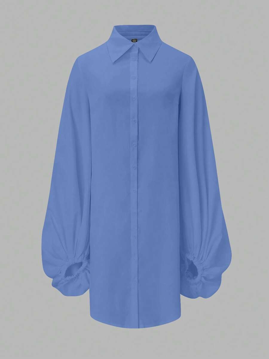 SHEIN Unity 大尺碼女士純色簡約日常穿著連衣裙,寬袖子款式 - 藍色 - 查看 1