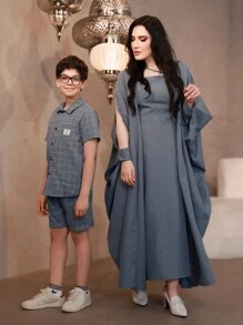 Al Najma Women's Solid Color Simple Daily Long Sleeve Jacket And Dress Two-Piece Set - Dusty Blue - View 6