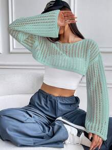 SHEIN Unity Suéter corto de punto holgado y hueco sexy para mujer, de verano - Azul - Ver 6