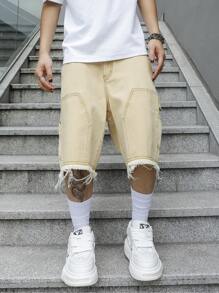 Manfinity Roghcode Herren Einfarbige Denim Shorts mit ausgefranstem Saum und Taschen für den Sommer Ausgehen, einfache Denim Jorts, weite Denim Shorts, als Geschenk für Ehemann, Freund