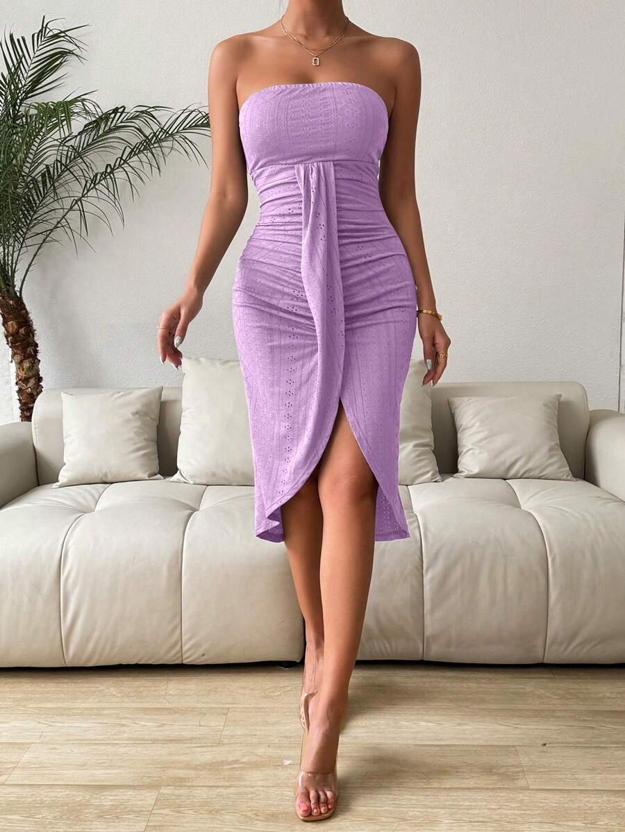 Chiquease Vestido Lilás Simples e Sem Alça para Uso Diário, Cor Sólida, para Mulheres - Malva - Visão 1