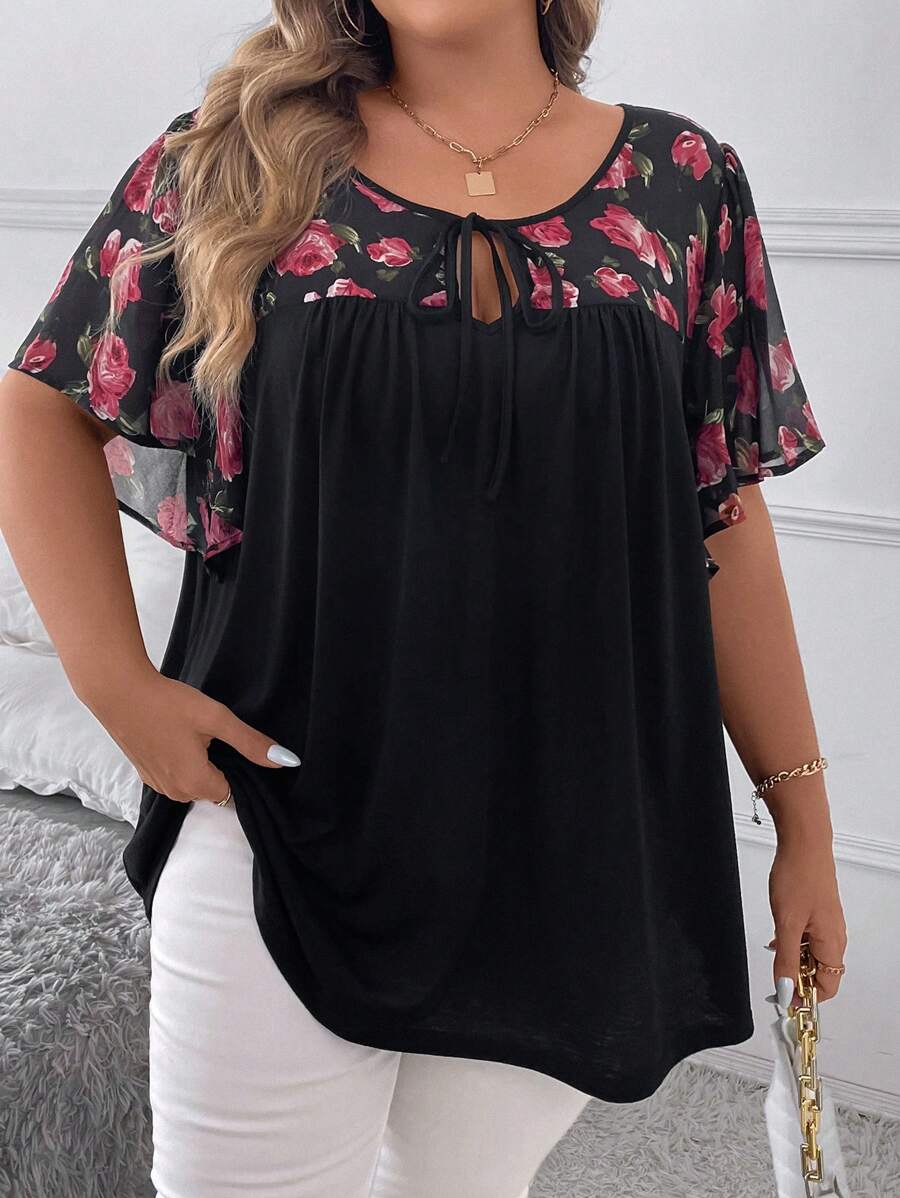 SHEIN CURVE+ 大尺碼女士夏季花卉印花V領荷葉邊短袖寬鬆母親衫