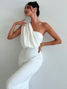 Firerie Macacão branco feminino, simples e elegante com um ombro só e pernas largas, ideal para férias - Branco - Visão 4