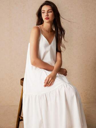 Poéselle 超宽裙摆连衣裙，极简主义荷叶边下摆细肩带吊带连衣裙，优雅，轻松时尚，布里奇顿，纯色，万圣节派对礼服，时尚，优雅，休闲，简约日常，毛衣裙，白色连衣裙，白色女装，婚纱，晚礼服，长款女装，正式连衣裙，长款女装，秋季服装，连衣裙，荷叶边连衣裙