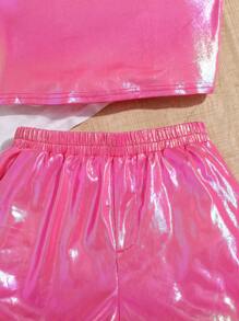 3pcs/Set Tween Girls' Daily Casual Wear - Mesh Knit Short Sleeve Top, Knit Solid Color Camisole Top, Straight Shorts